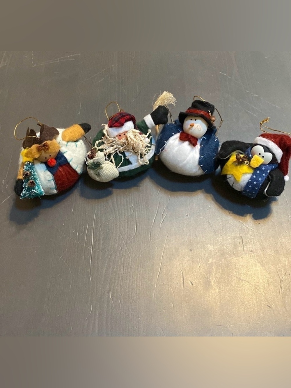 Set of 4 Vintage Plush Christmas Ornaments Reindeer Santa Snowman Penguin Stuffy